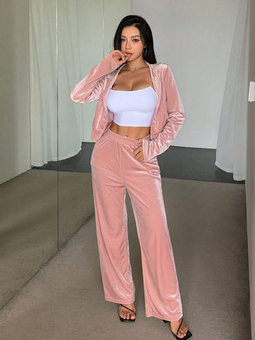 DAZY Short Hooded Sweatshirt With Elastic Waist Long Pants 2-Piece Set