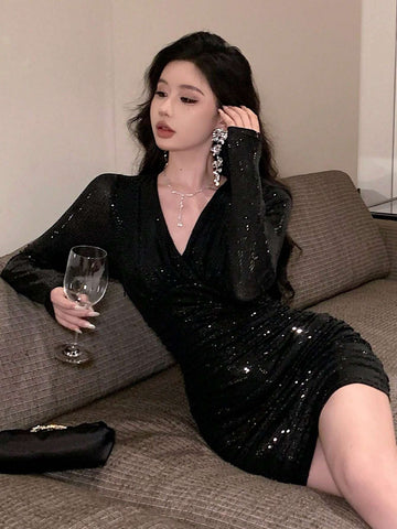 DAZY Short Sequin Cocktail Party Dress, V-Neck, Sexy Black Color, For Women