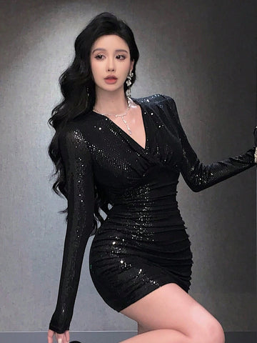 DAZY Short Sequin Cocktail Party Dress, V-Neck, Sexy Black Color, For Women