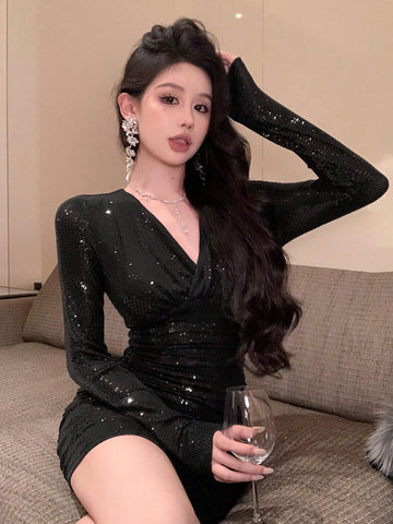 DAZY Short Sequin Cocktail Party Dress, V-Neck, Sexy Black Color, For Women