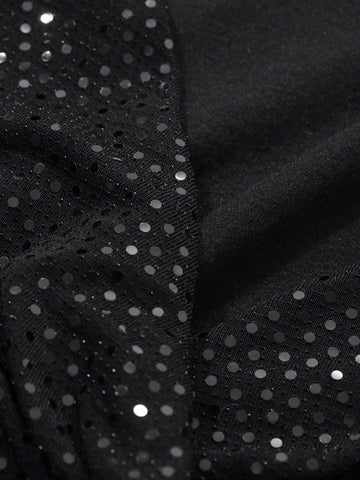 DAZY Short Sequin Cocktail Party Dress, V-Neck, Sexy Black Color, For Women