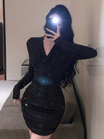 DAZY Short Sequin Cocktail Party Dress, V-Neck, Sexy Black Color, For Women