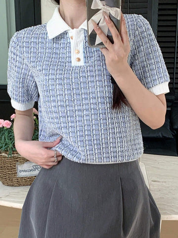 DAZY Short Sleeve Polo Shirt With Textured Grid Pattern Collar