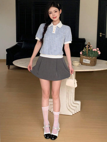 DAZY Short Sleeve Polo Shirt With Textured Grid Pattern Collar