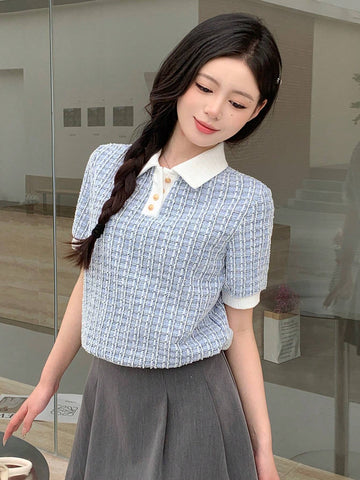 DAZY Short Sleeve Polo Shirt With Textured Grid Pattern Collar