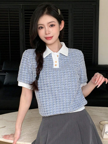 DAZY Short Sleeve Polo Shirt With Textured Grid Pattern Collar