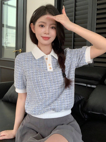 DAZY Short Sleeve Polo Shirt With Textured Grid Pattern Collar