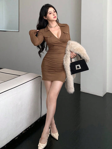 DAZY Slim Solid Color V-Neck Front Pocket Work Style Women Short Dress