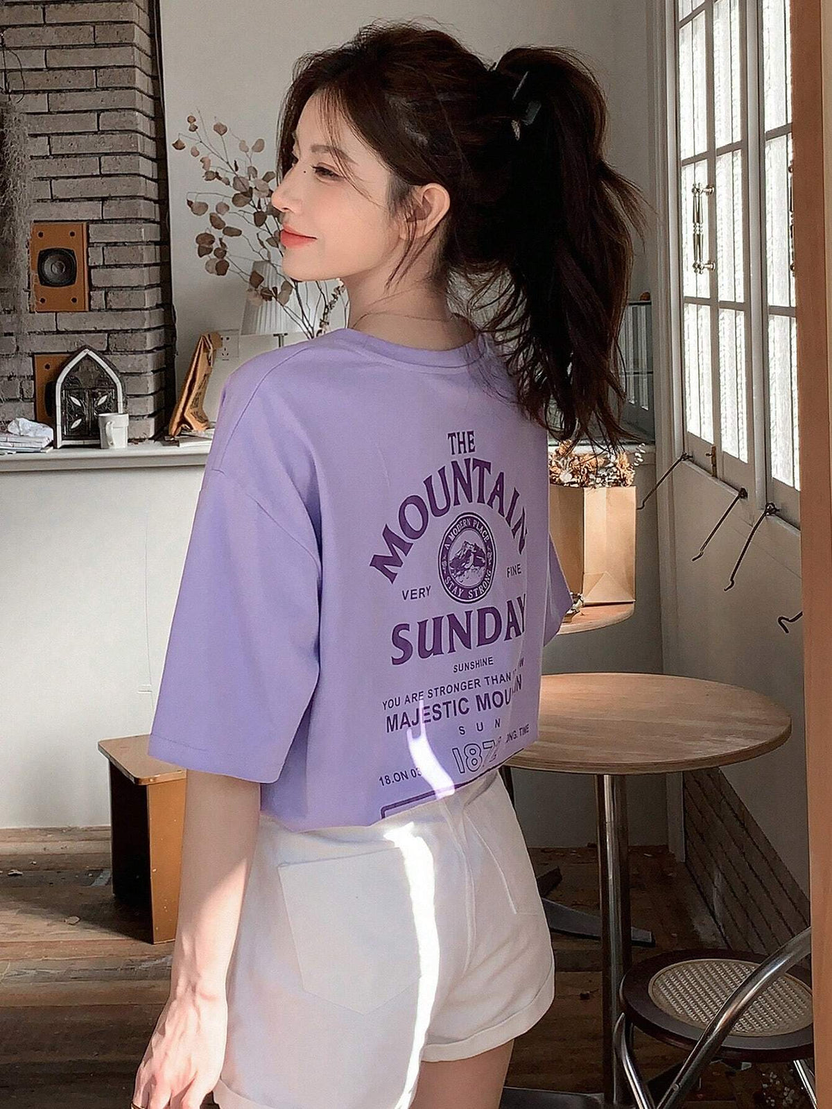 Slogan Graphic Drop Shoulder Tee THE MOUNTAIN A MODERN PLACE SUNDAY SUNSHINE YOU ARE