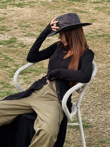 DAZY Solid Button Front Long Tee