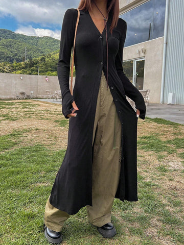 DAZY Solid Button Front Long Tee