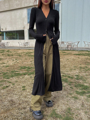DAZY Solid Button Front Long Tee