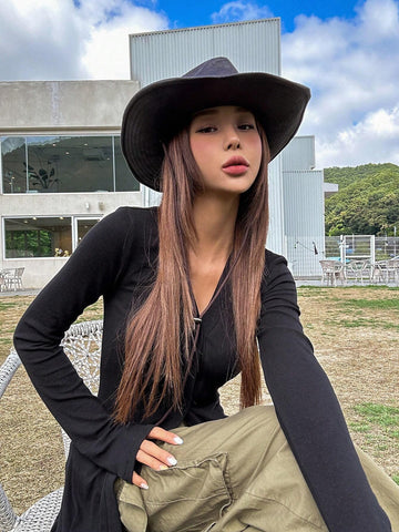 DAZY Solid Button Front Long Tee