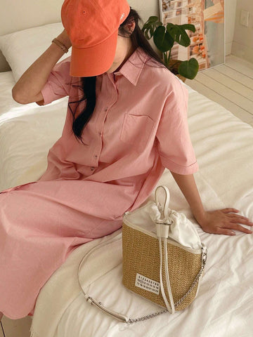 DAZY Solid Button Front Shirt Dress For Summer