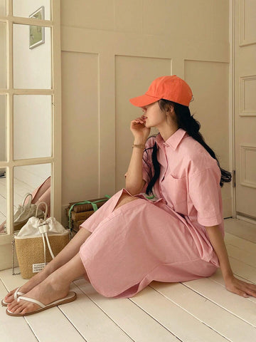 DAZY Solid Button Front Shirt Dress For Summer