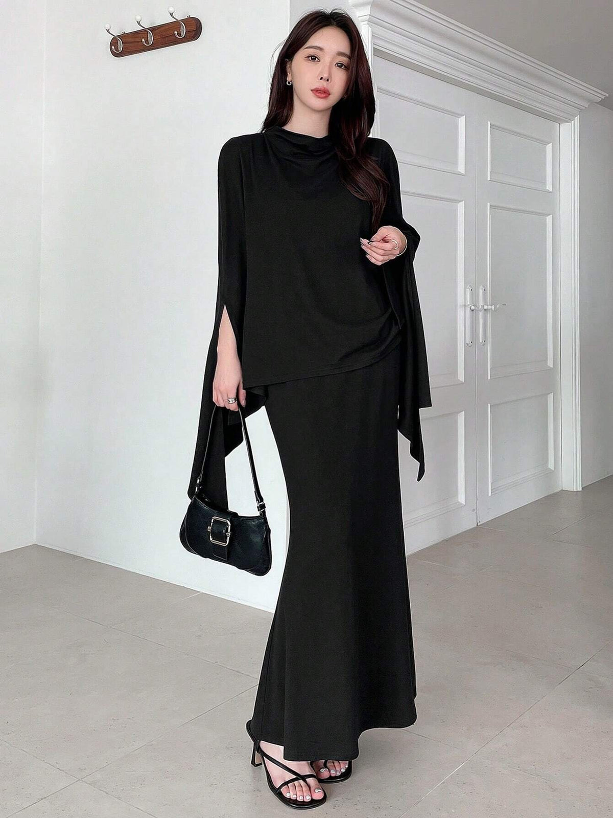 DAZY Solid Color Cape Sleeves T-Shirt & Fish Tail Hem Midi Skirt Two-Piece Set