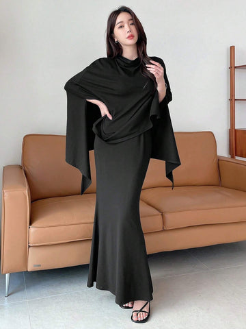 DAZY Solid Color Cape Sleeves T-Shirt & Fish Tail Hem Midi Skirt Two-Piece Set