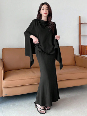 DAZY Solid Color Cape Sleeves T-Shirt & Fish Tail Hem Midi Skirt Two-Piece Set