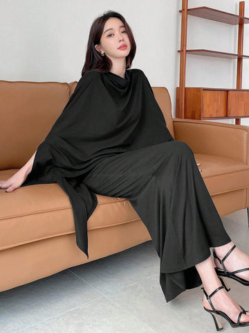 DAZY Solid Color Cape Sleeves T-Shirt & Fish Tail Hem Midi Skirt Two-Piece Set