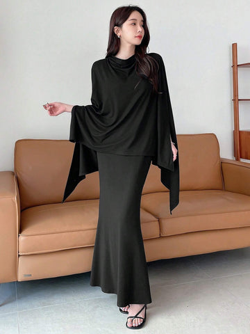 DAZY Solid Color Cape Sleeves T-Shirt & Fish Tail Hem Midi Skirt Two-Piece Set