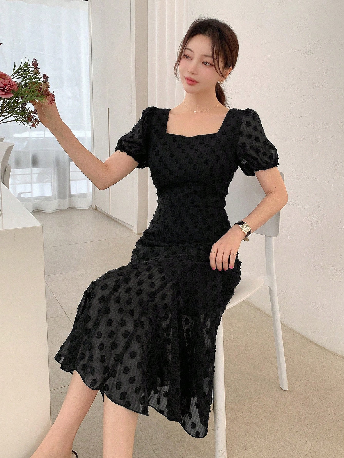 DAZY Solid Color Cutout Square Neck Dress