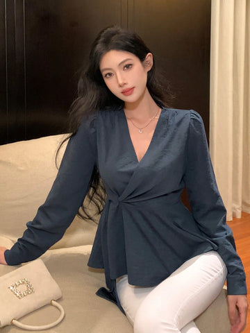 DAZY Solid Color Form-Fitting Long Sleeve Tie Front Women Blouse
