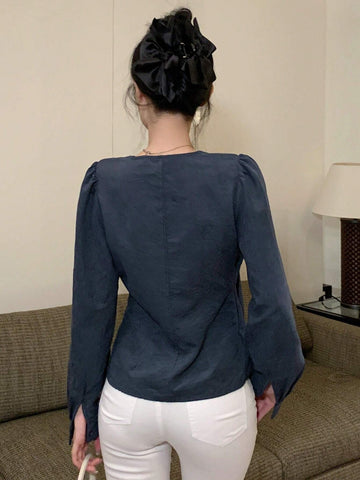DAZY Solid Color Form-Fitting Long Sleeve Tie Front Women Blouse