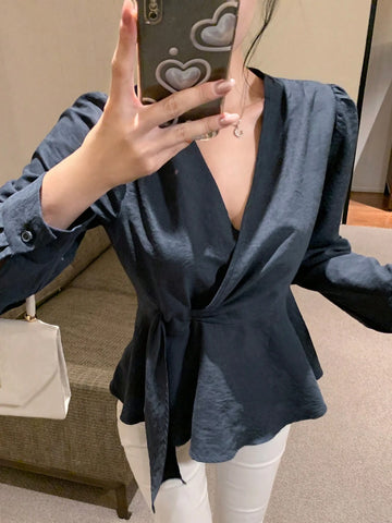 DAZY Solid Color Form-Fitting Long Sleeve Tie Front Women Blouse