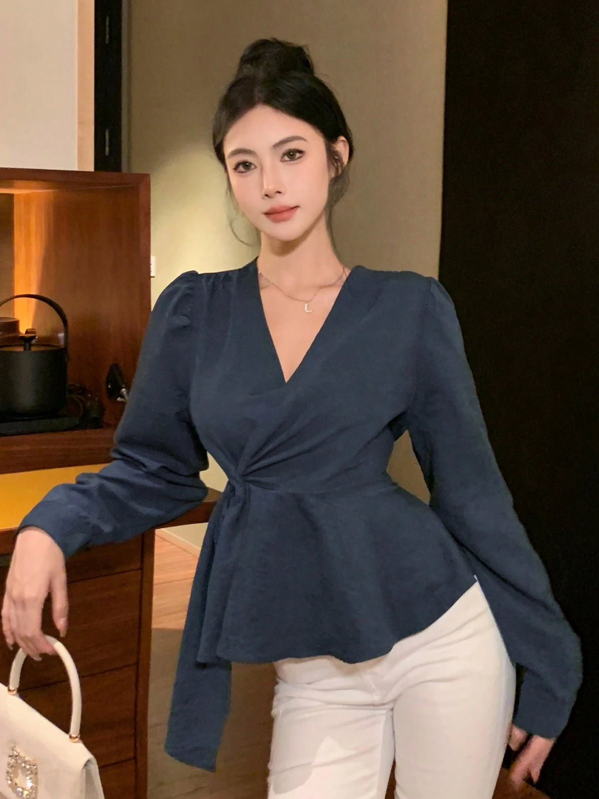 DAZY Solid Color Form-Fitting Long Sleeve Tie Front Women Blouse