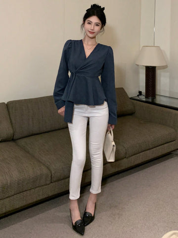 DAZY Solid Color Form-Fitting Long Sleeve Tie Front Women Blouse