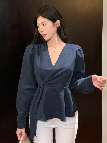 DAZY Solid Color Form-Fitting Long Sleeve Tie Front Women Blouse