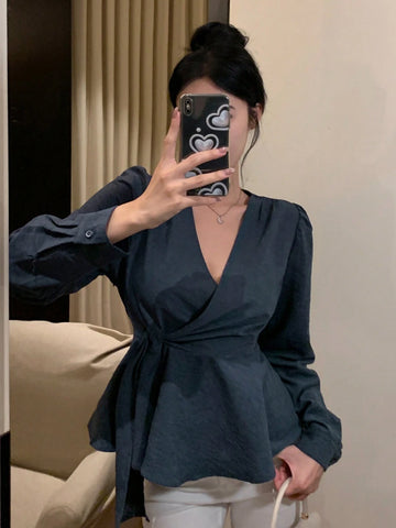 DAZY Solid Color Form-Fitting Long Sleeve Tie Front Women Blouse