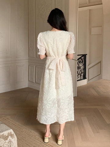 DAZY Solid Color Jacquard Round Neckline Elastic Waist With Tie Belt Puff Sleeve Short Sleeve Women's Dress