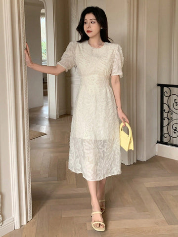 DAZY Solid Color Jacquard Round Neckline Elastic Waist With Tie Belt Puff Sleeve Short Sleeve Women's Dress