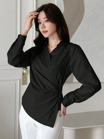 DAZY Solid Color Long Sleeve Asymmetric Cross Front Women Shirt