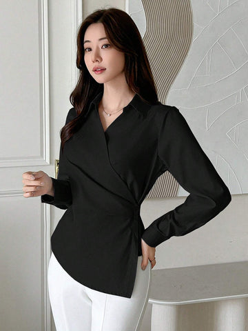 DAZY Solid Color Long Sleeve Asymmetric Cross Front Women Shirt
