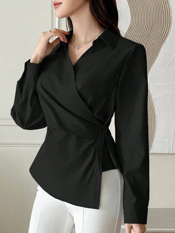 DAZY Solid Color Long Sleeve Asymmetric Cross Front Women Shirt
