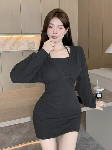 DAZY Solid Color Long Sleeve Halter Neck Mini Dress, Casual For Autumn