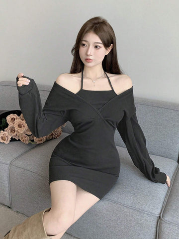 DAZY Solid Color Long Sleeve Halter Neck Mini Dress, Casual For Autumn