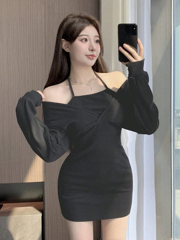 DAZY Solid Color Long Sleeve Halter Neck Mini Dress, Casual For Autumn