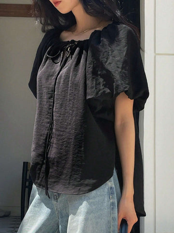 DAZY Solid Color Loose Drawstring Belted Women's Shirt