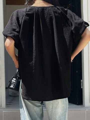 DAZY Solid Color Loose Drawstring Belted Women's Shirt