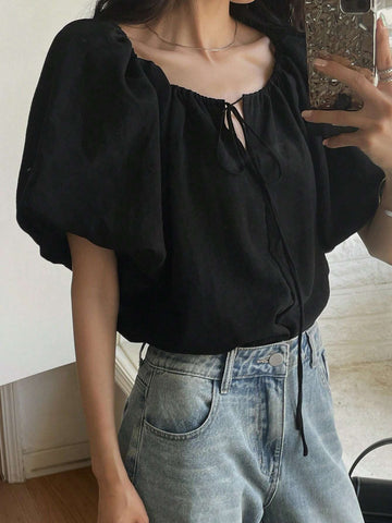 DAZY Solid Color Loose Drawstring Belted Women's Shirt