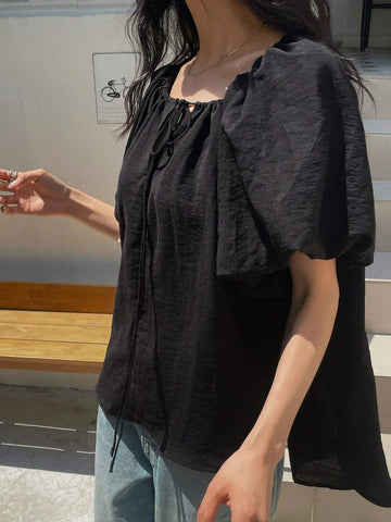 DAZY Solid Color Loose Drawstring Belted Women's Shirt