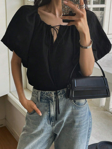 DAZY Solid Color Loose Drawstring Belted Women's Shirt