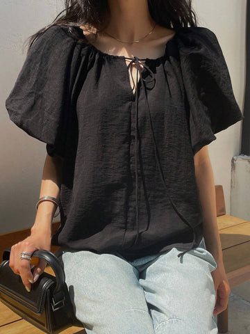 DAZY Solid Color Loose Drawstring Belted Women's Shirt