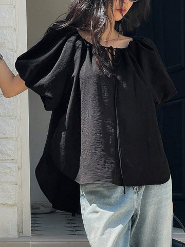 DAZY Solid Color Loose Drawstring Belted Women's Shirt