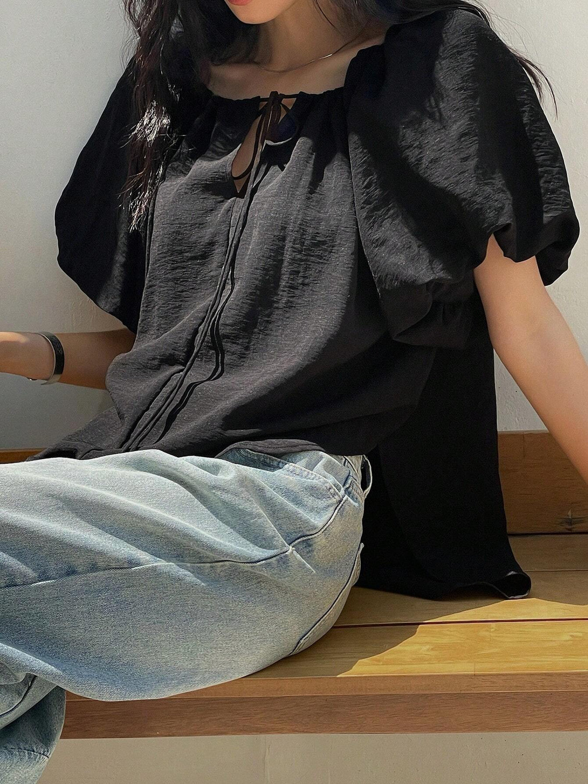 DAZY Solid Color Loose Drawstring Belted Women's Shirt