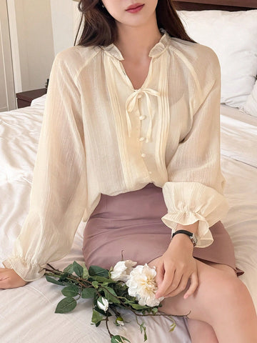 DAZY Solid Color Loose Long Sleeve Stand Collar Ruffle Bell Sleeve Tie Front Casual Summer Blouse For Women