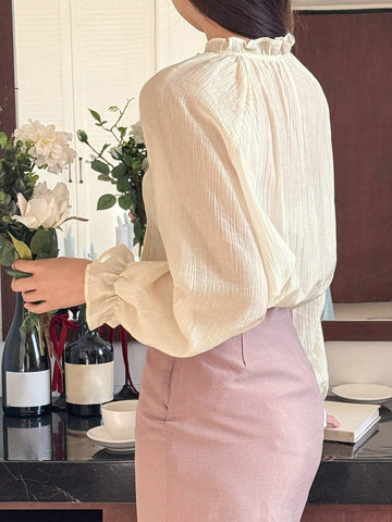 DAZY Solid Color Loose Long Sleeve Stand Collar Ruffle Bell Sleeve Tie Front Casual Summer Blouse For Women